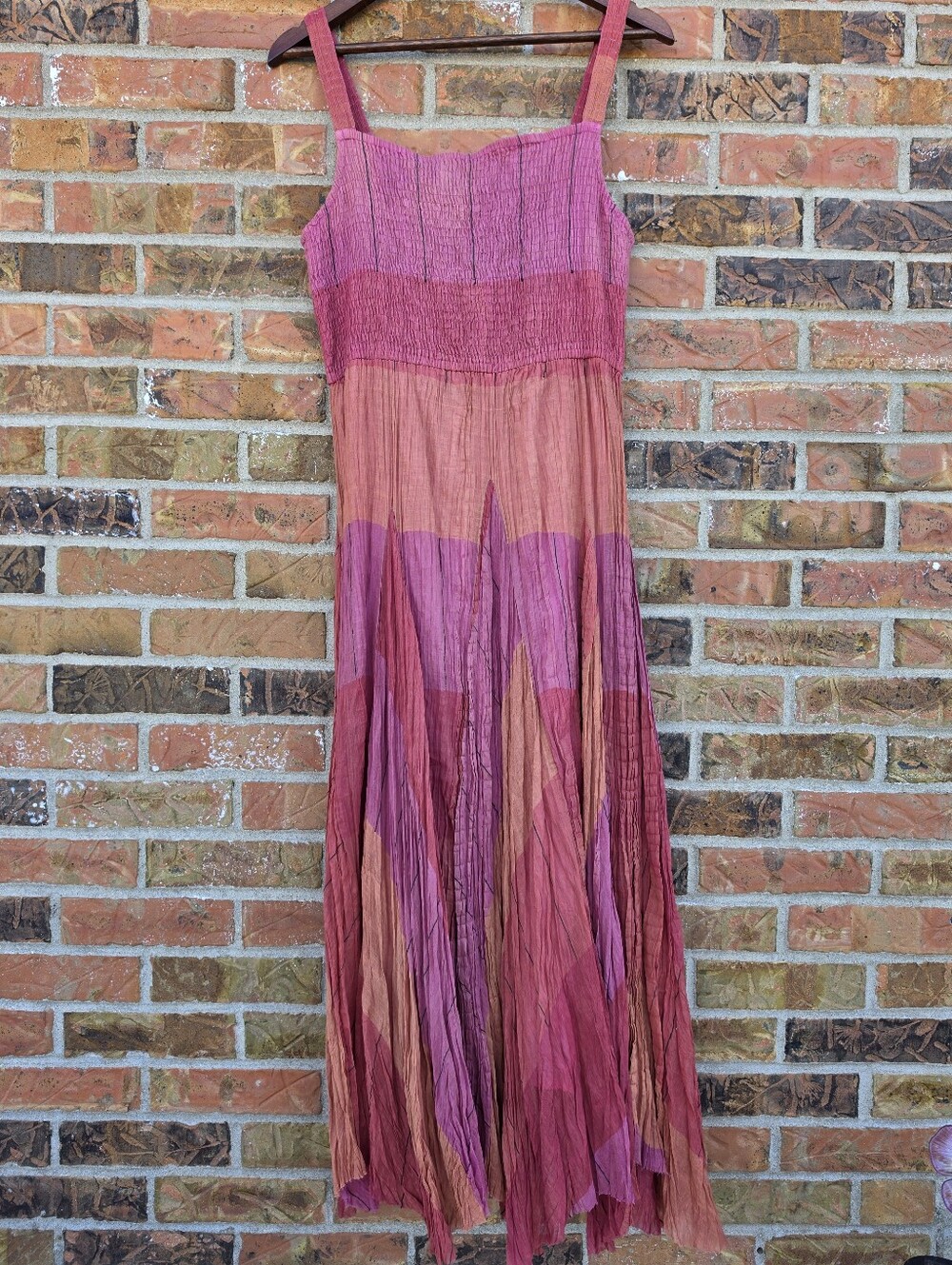 Sandy Starkman Boho Crinkle Smocked Handkerchief Maxi Dress Pink Artsy Festival